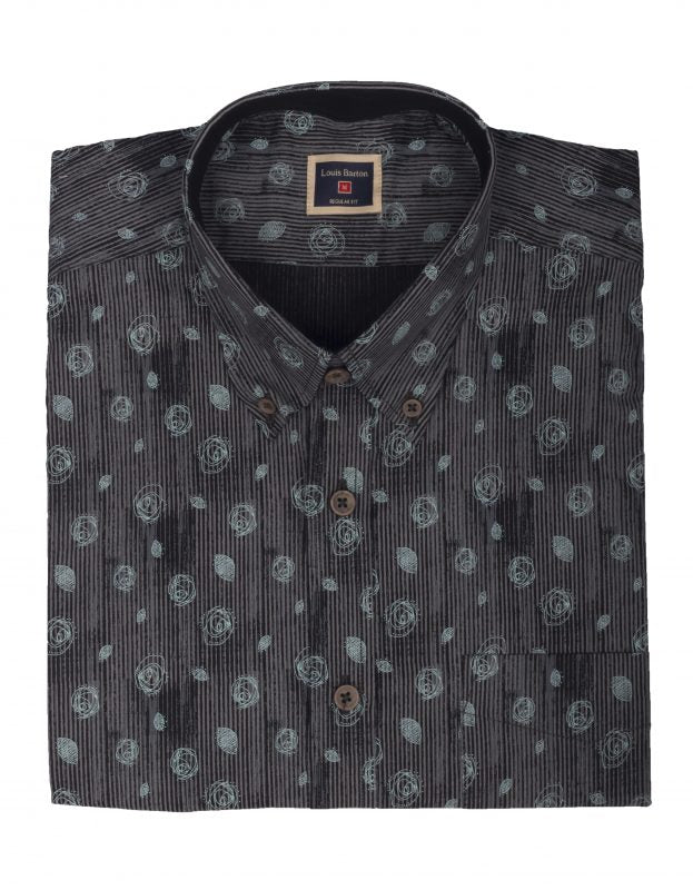Camisa Manga Corta Gris Rayas Y Flores Abstractas - Moldería informal
