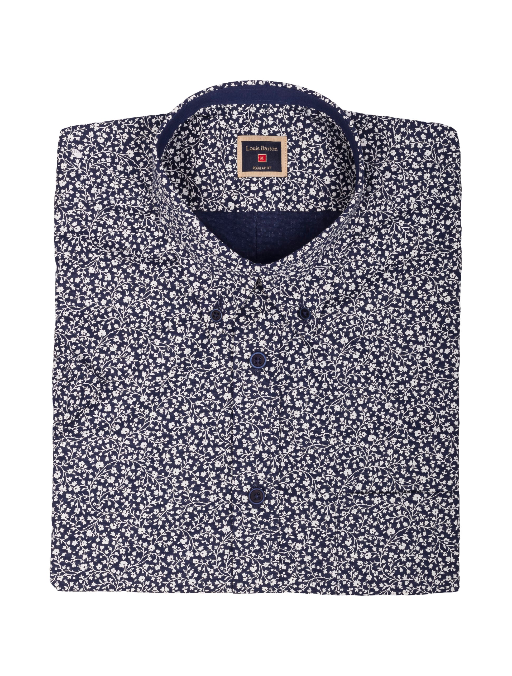 Camisa Manga Corta Blanca Print Flores Azules Oscuras - Moldería informal