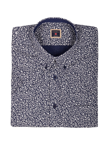 Camisa Manga Corta Blanca Print Flores Azules Oscuras - Moldería informal