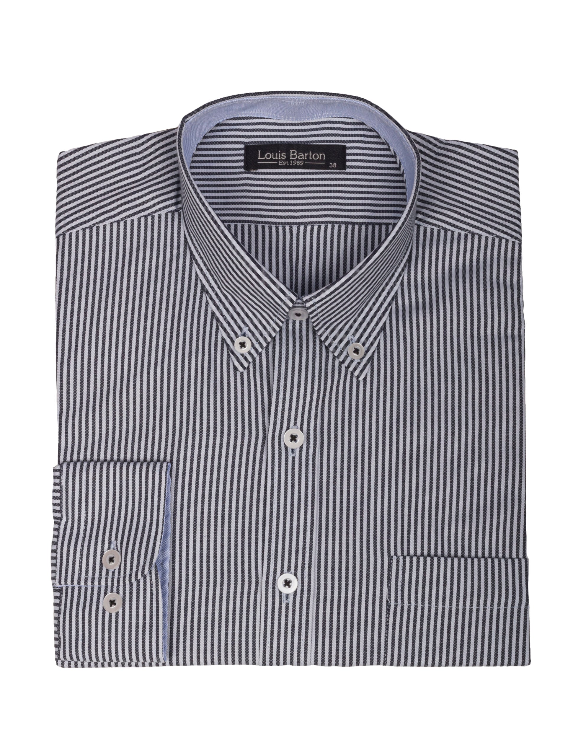 Camisa Oxford Manga Larga Regular Fit Azul Oscuro Rayas Delgadas Negras
