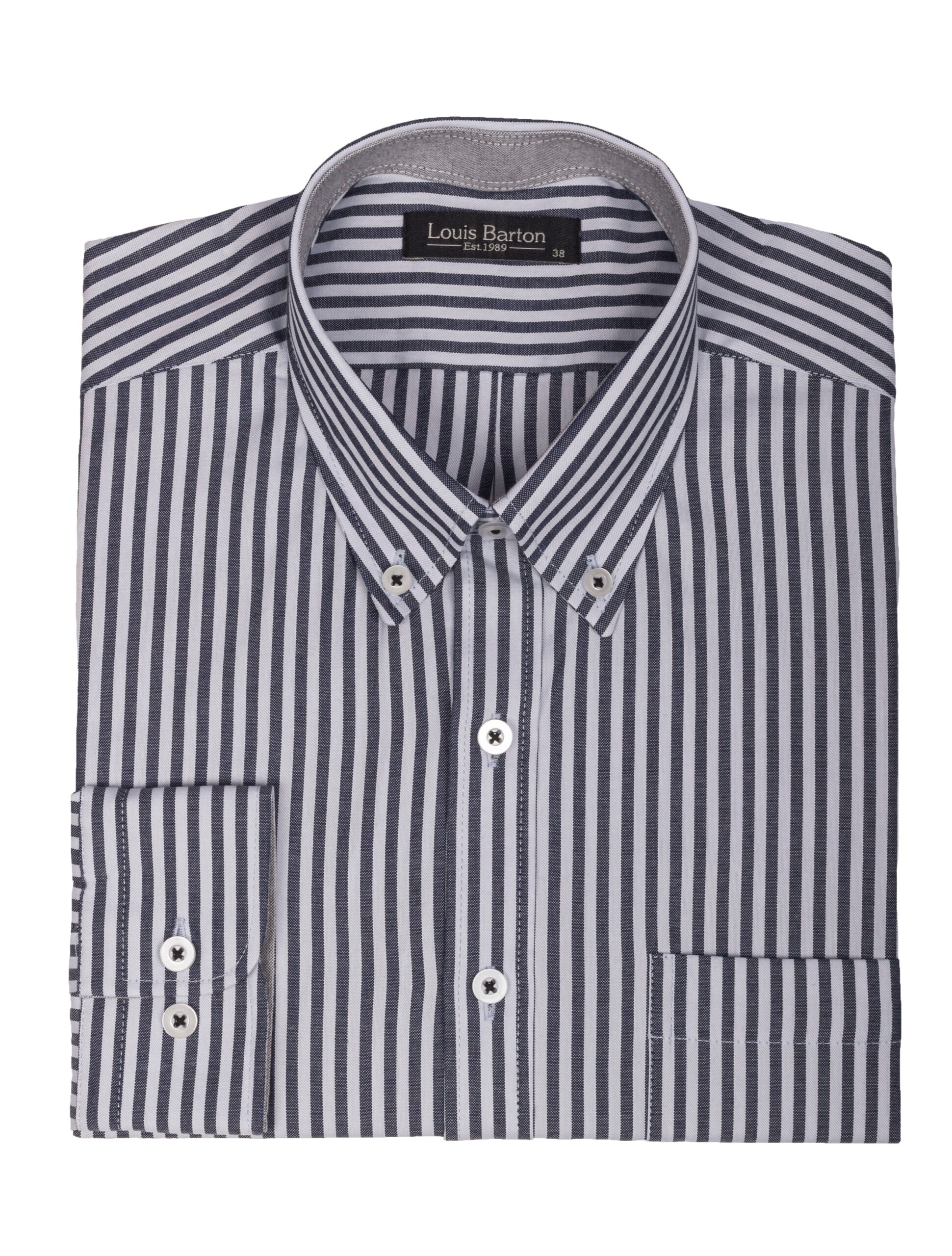 Camisa Oxford Manga Larga Regular Fit Azul Oscuro Rayas Gruesas Negras