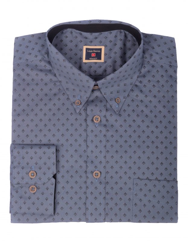 Camisa Azul Manga Larga Miniprint Hojas Negras - Moldería informal