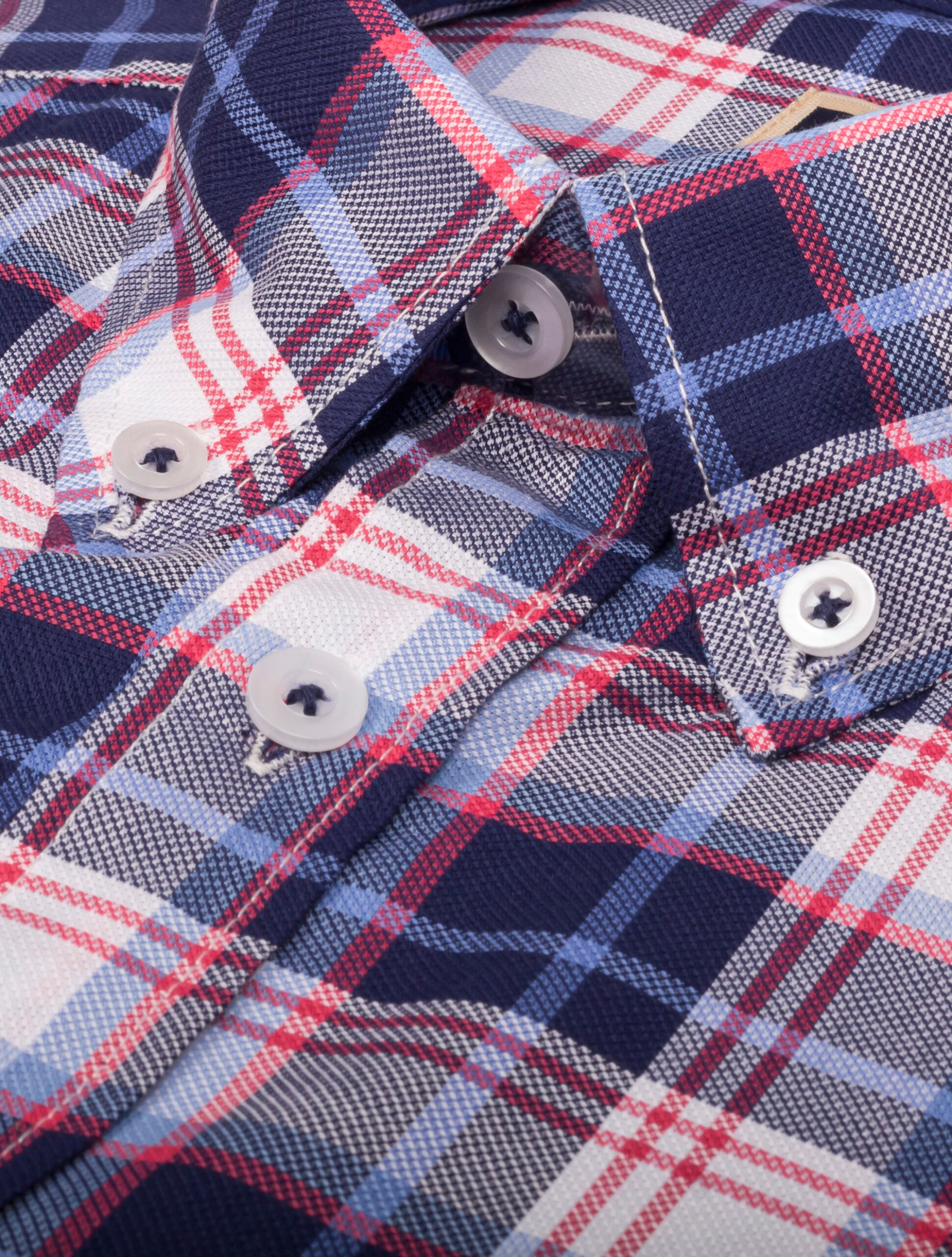 Camisa Manga Larga a Cuadros con Rayas Rojas, Blancas  y Azules - Moldería informal