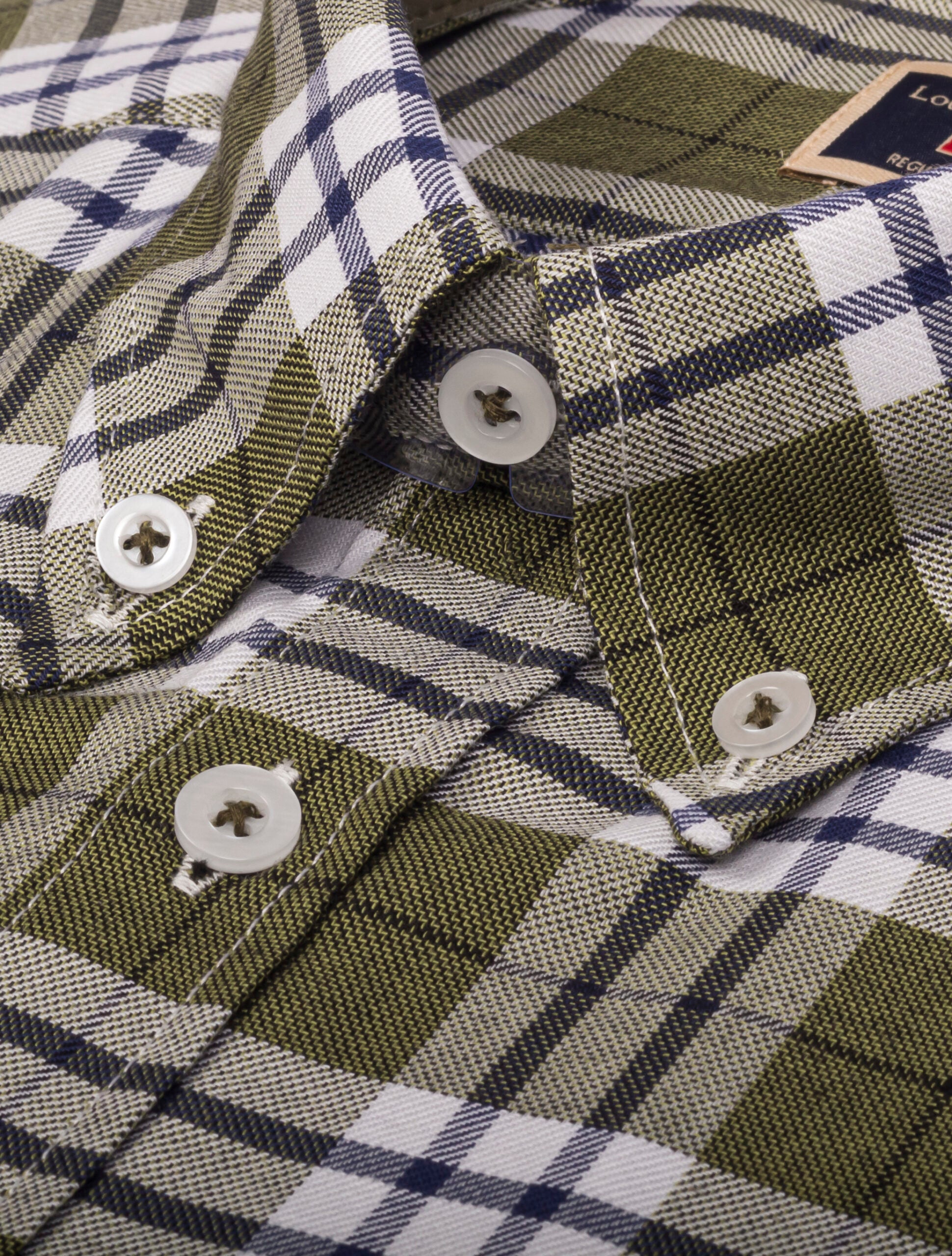 Camisa a Cuadros Manga Larga Blanca, Rayas Verdes y Azules - Moldería informal