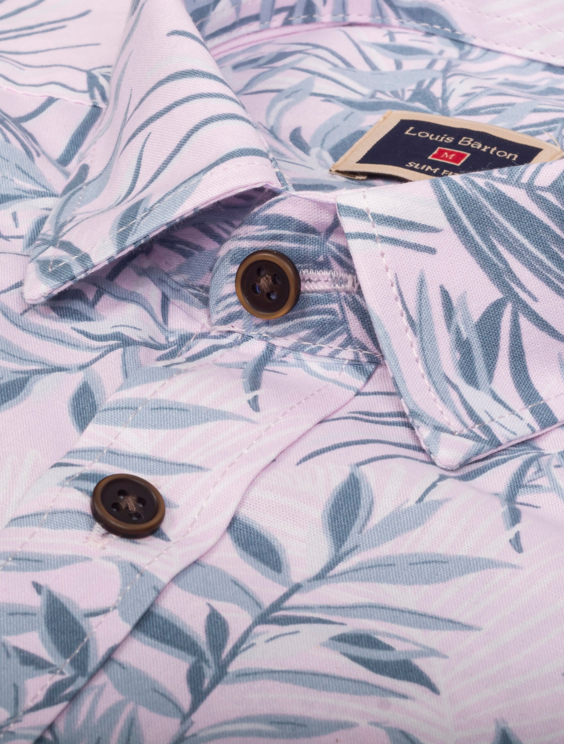 Camisa Manga Larga Rosa Estampado Hojas Tropicales Azul y Blanco - Moldería slim