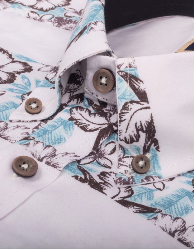 Camisa Manga Corta Rayas Gruesas Azules y Flores Tropicales - Moldería informal