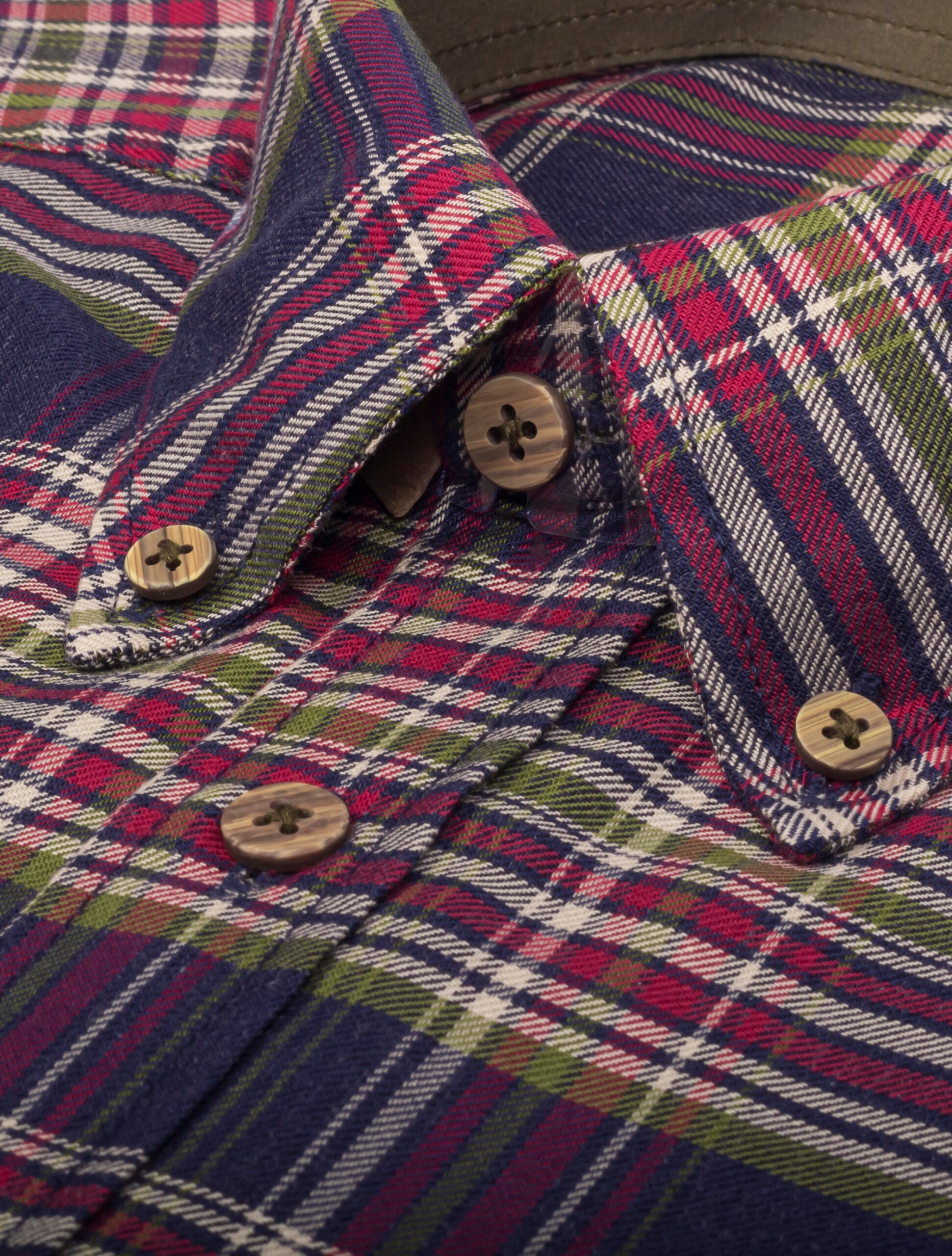 Camisa Manga Larga Azul a Cuadros, Rayas Verdes, Beige y Fucsia - Moldería informal