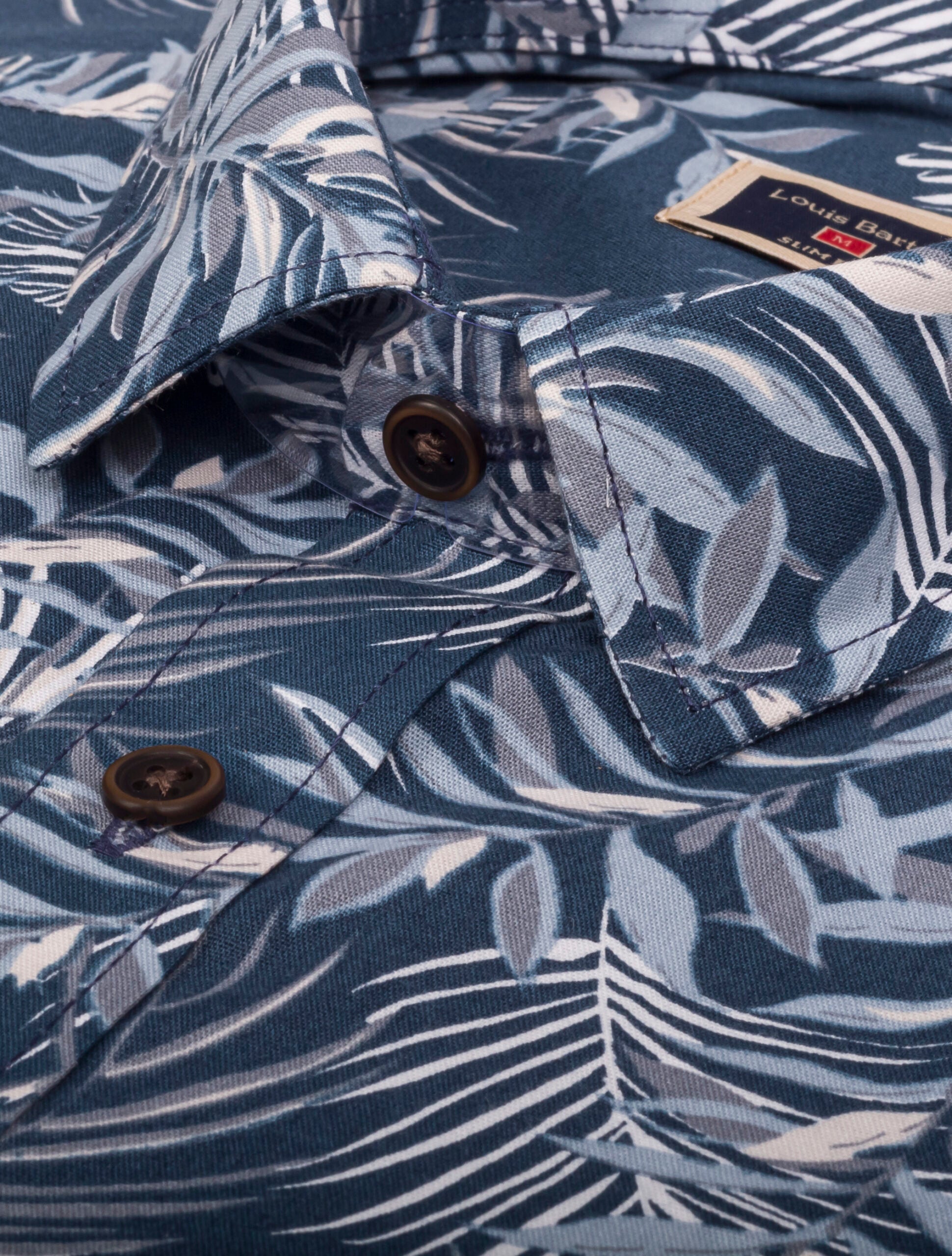 Camisa Manga Larga Azul Estampado Hojas Tropicales Gris y Blanco - Moldería slim