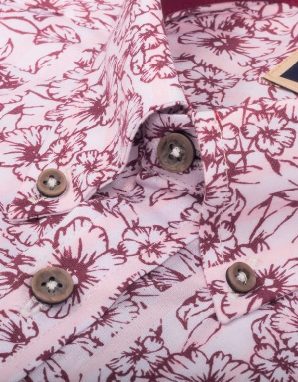 Camisa Manga Corta Rayas Delgadas Rosa y Flores Vino - Moldería informal