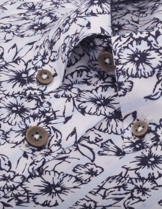 Camisa Manga Corta Rayas Delgadas Azul Claro y Flores - Moldería informal