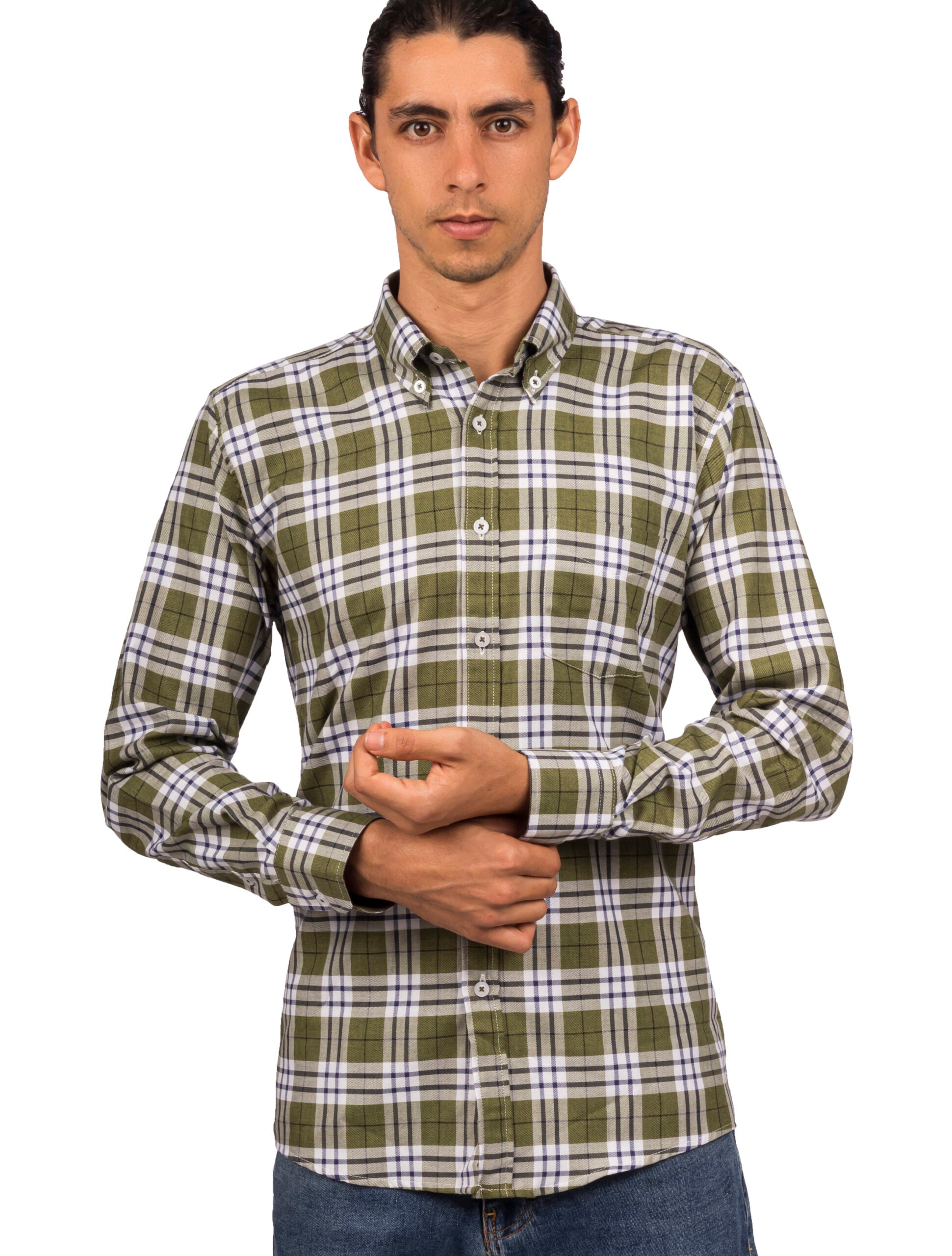 Camisa a Cuadros Manga Larga Blanca, Rayas Verdes y Azules - Moldería informal