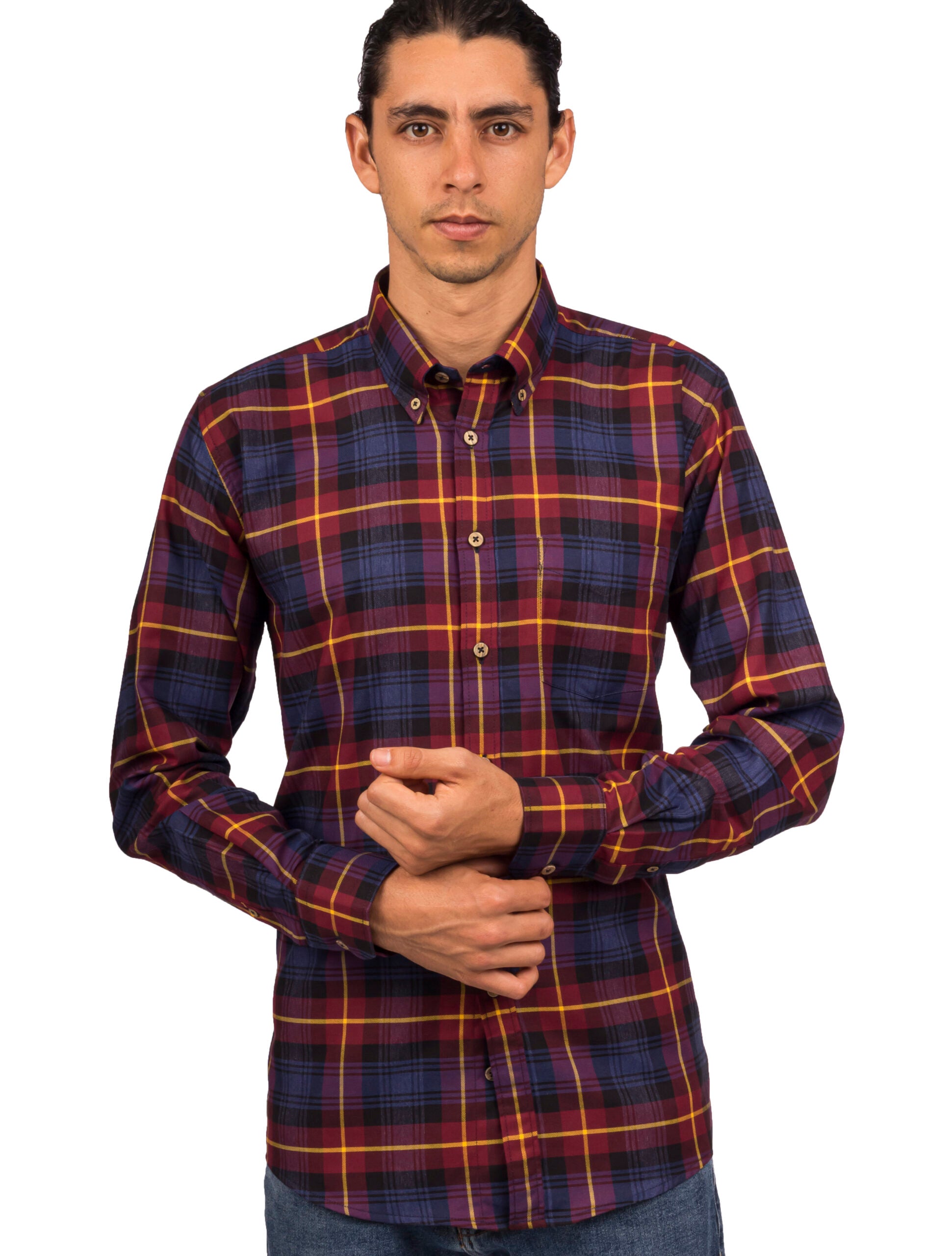 Camisa Manga Larga Vino Tinto Cuadros Negros Y Rayas Amarillas - Moldería informal