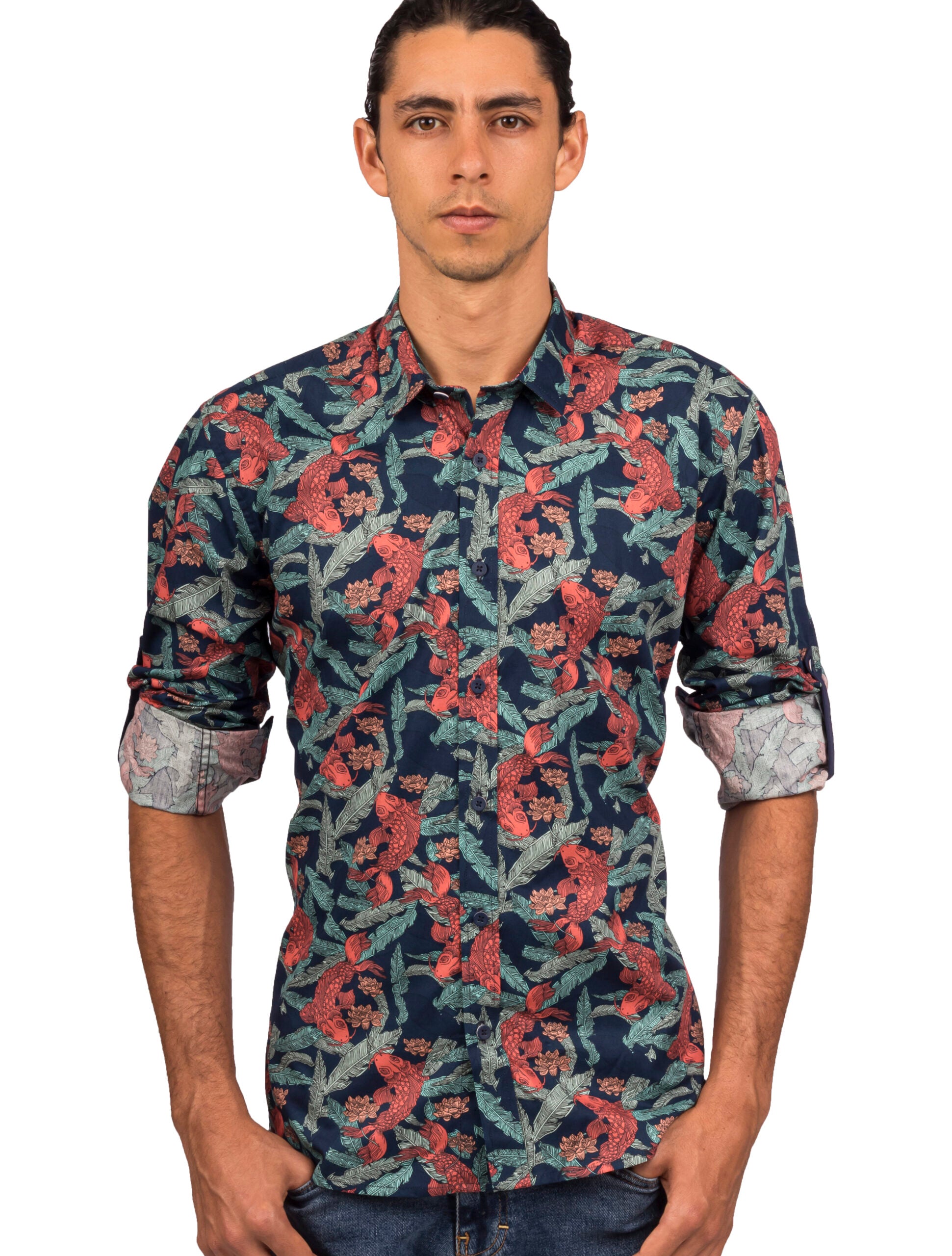 Camisa Manga Larga Azul Oscura Estampados Peces Azules - Moldería slim
