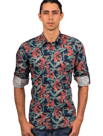 Camisa Manga Larga Azul Oscura Estampados Peces Azules - Moldería slim