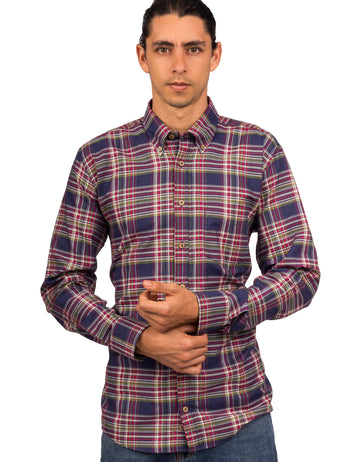 Camisa Manga Larga Azul a Cuadros, Rayas Verdes, Beige y Fucsia - Moldería informal
