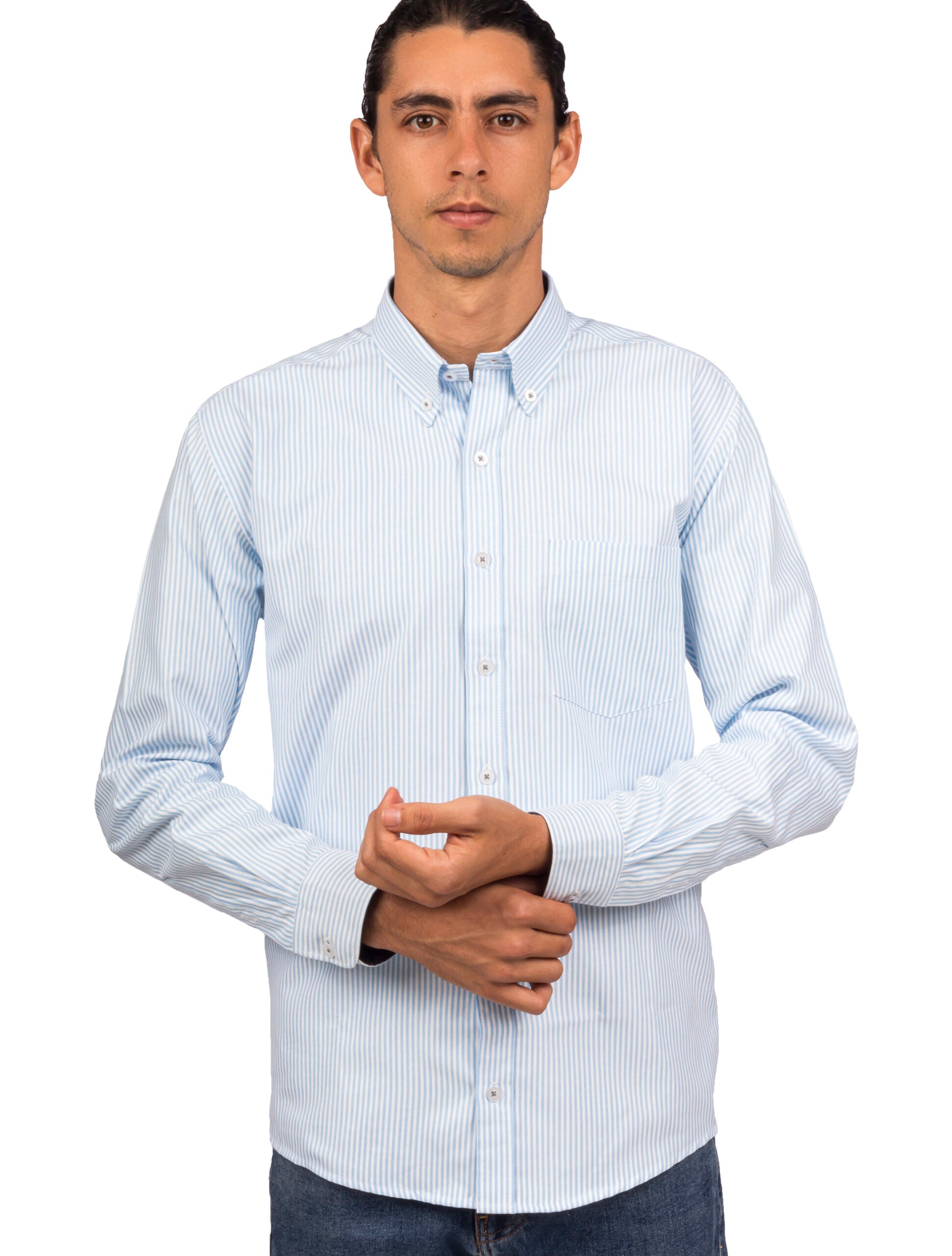 Camisa Oxford Manga Larga Regular Fit Rayas Azul Celeste