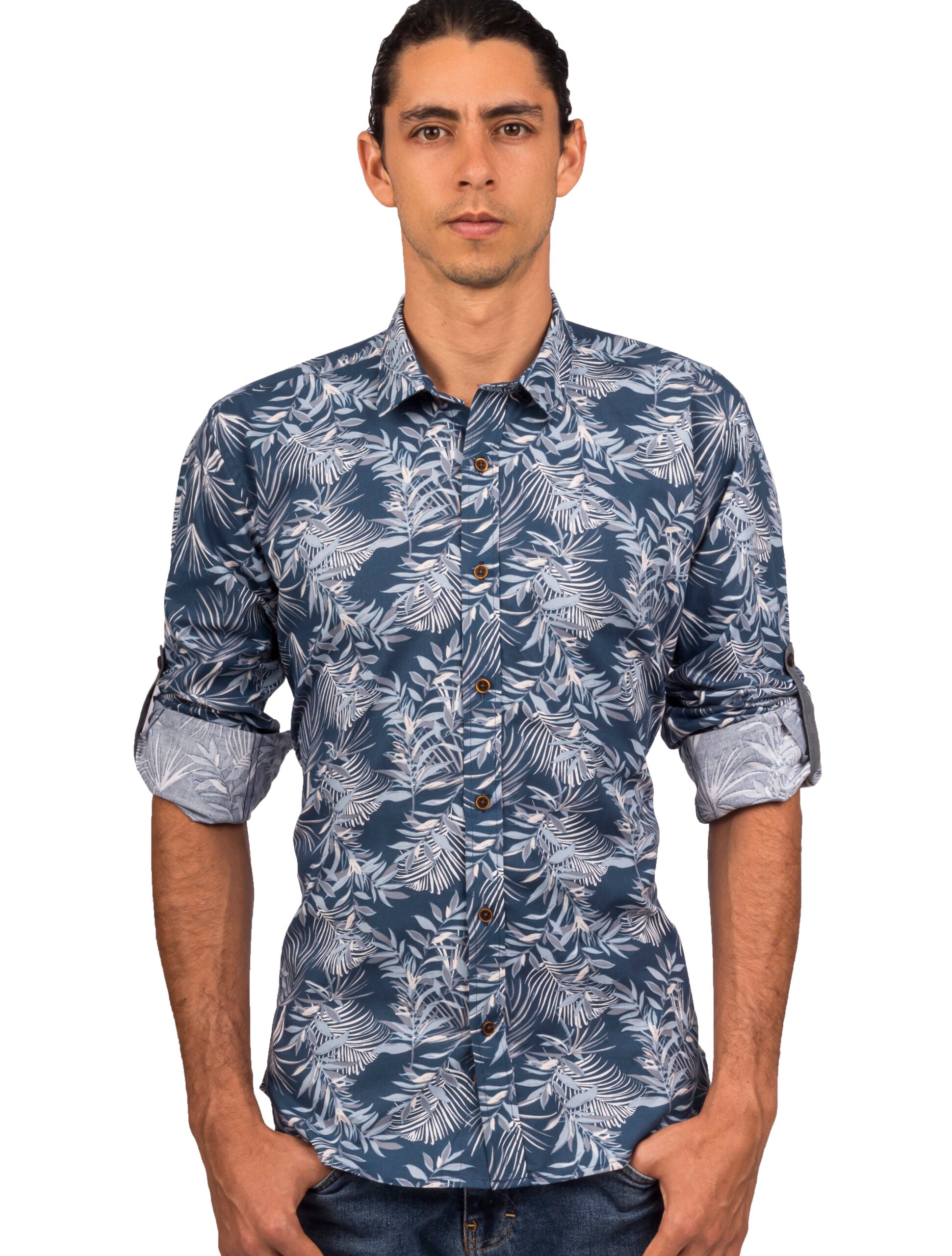 Camisa Manga Larga Azul Estampado Hojas Tropicales Gris y Blanco - Moldería slim