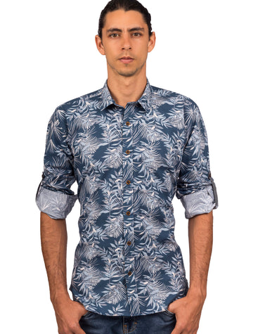 Camisa Manga Larga Azul Estampado Hojas Tropicales Gris y Blanco - Moldería slim