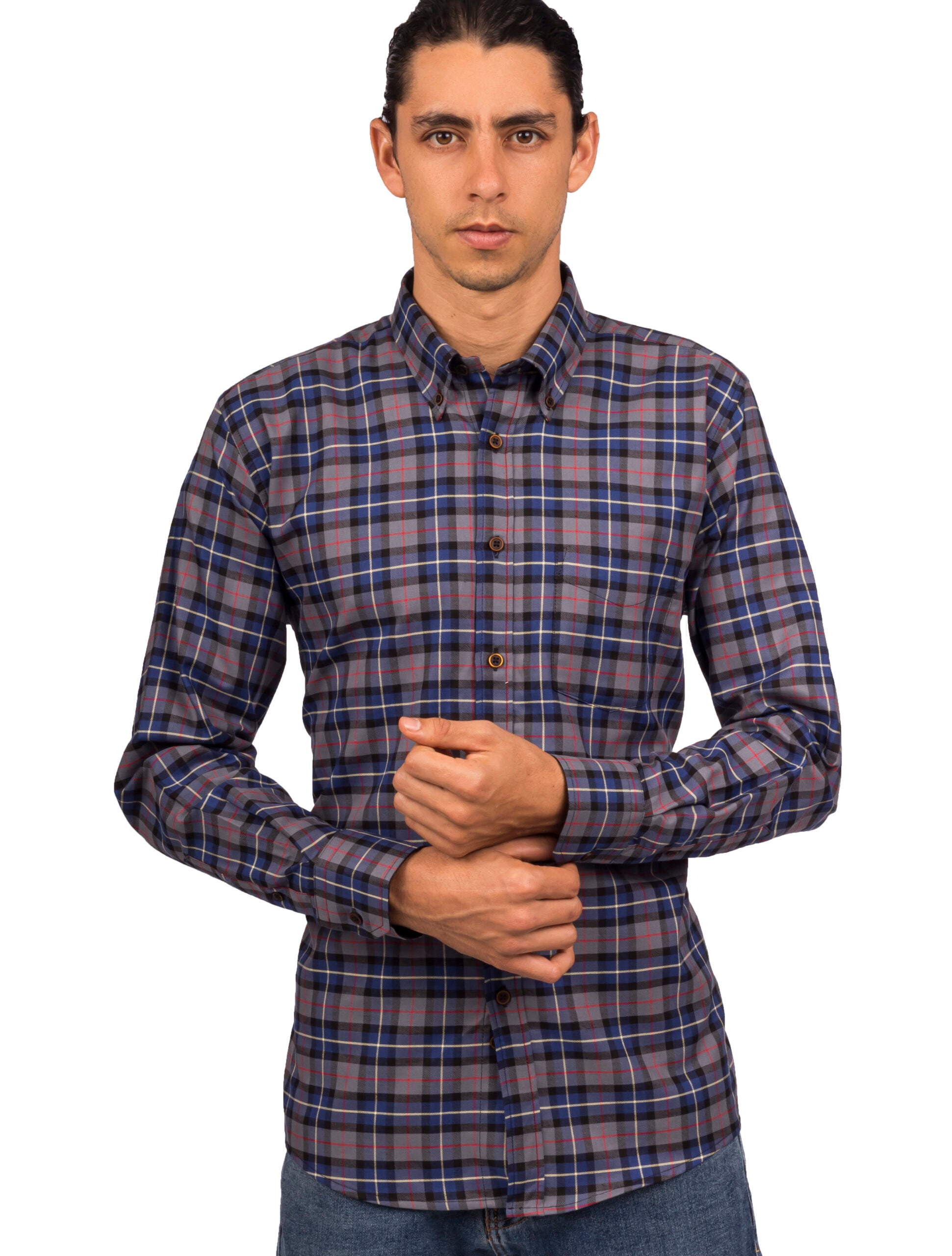 Camisa a Cuadros Manga Larga Azul Rayas Amarillas, Grises y Negras - Moldería informal