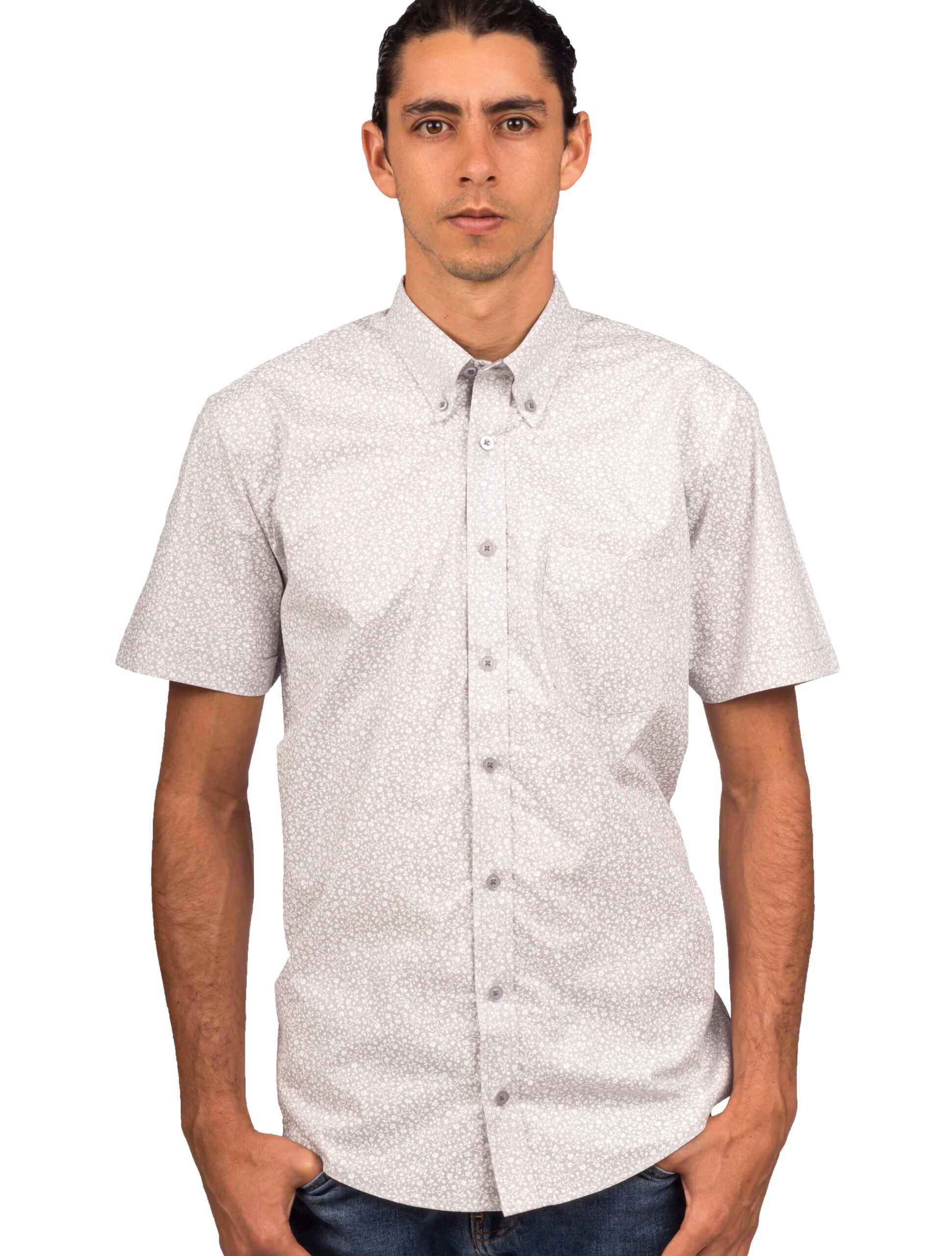Camisa Manga Corta Gris Claro Print Flores Blancas - Moldería informal