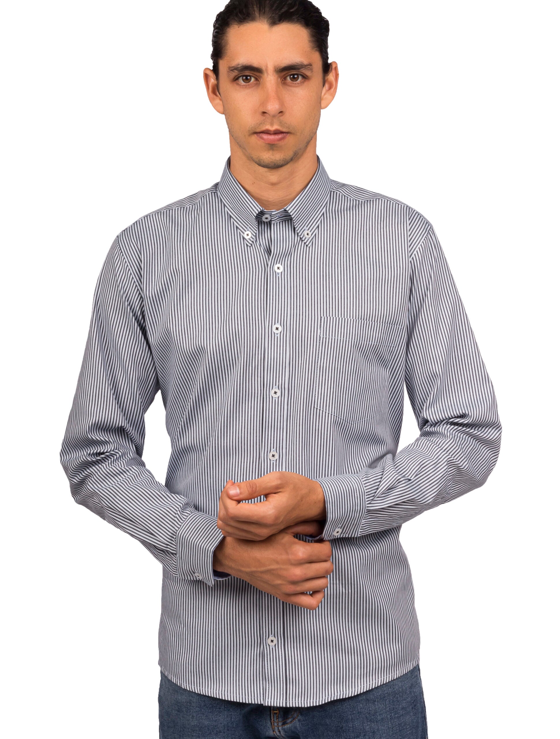 Camisa Oxford Manga Larga Regular Fit Azul Oscuro Rayas Delgadas Negras
