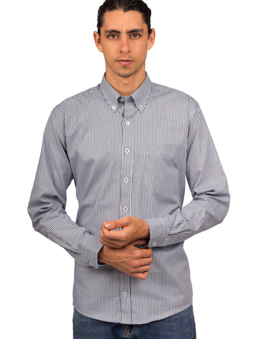 Camisa Oxford Manga Larga Regular Fit Azul Oscuro Rayas Delgadas Negras
