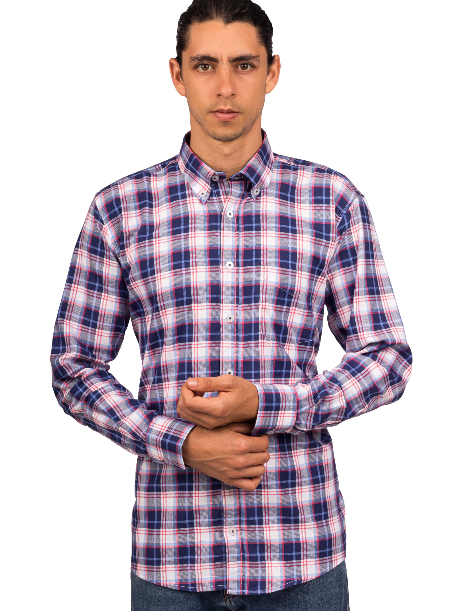 Camisa Manga Larga a Cuadros con Rayas Rojas, Blancas  y Azules - Moldería informal