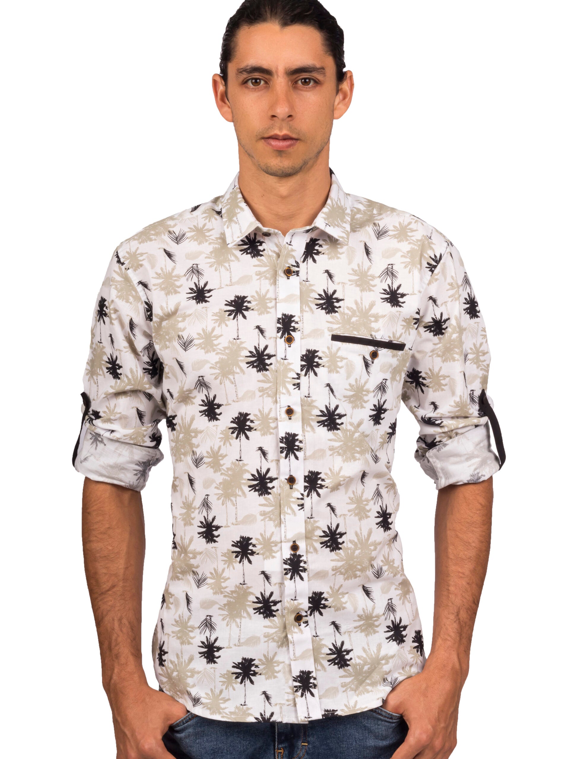 Camisa Manga Larga Print Palmas Negras y Verde - Moldería slim