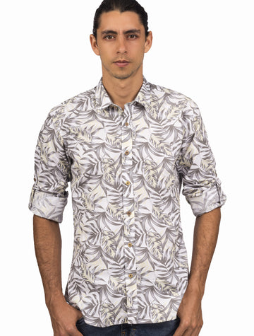 Camisa Manga Larga Estampado Hojas Gris Y Amarillo - Moldería slim
