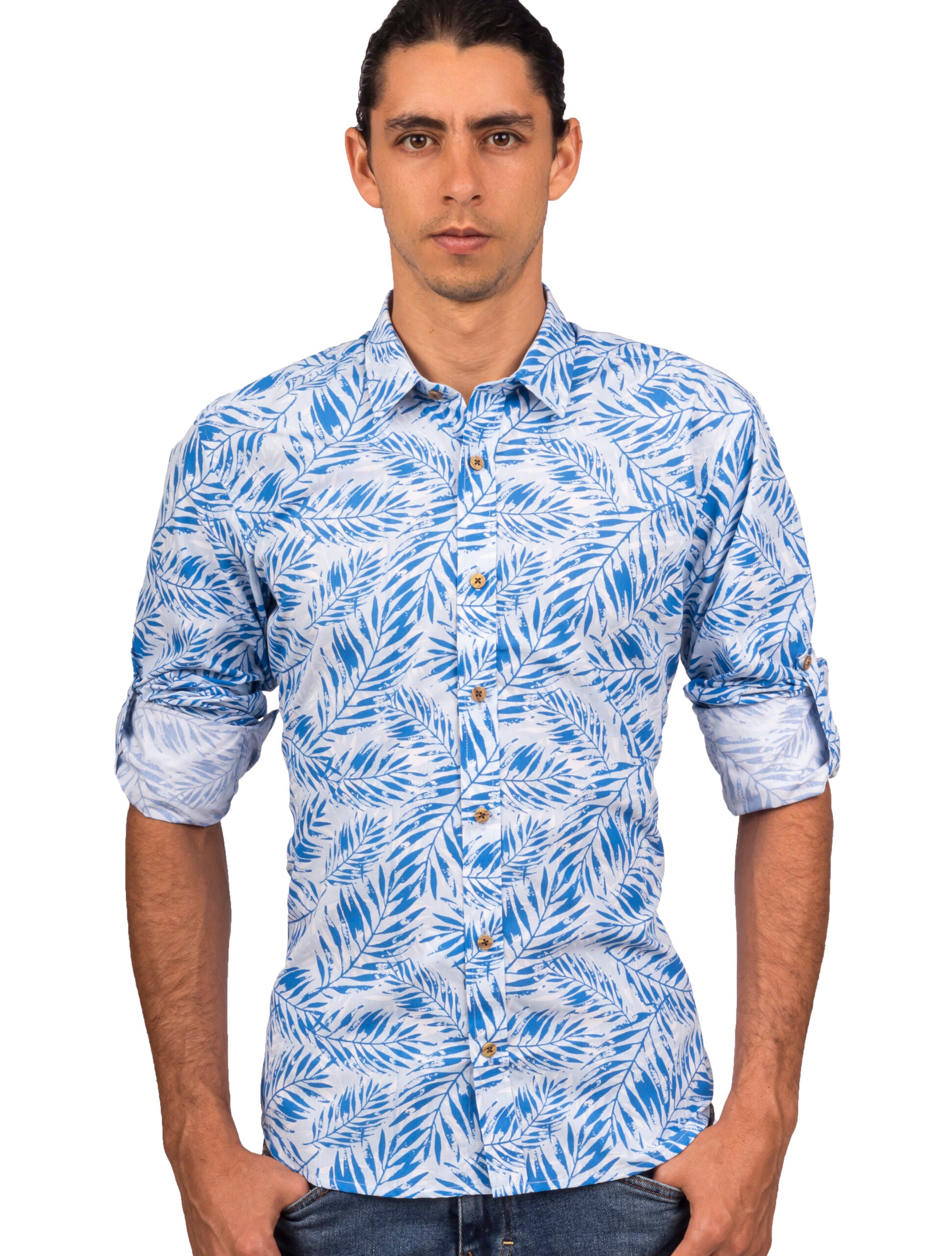Camisa Manga Larga Estampado Hojas Azules - Moldería slim
