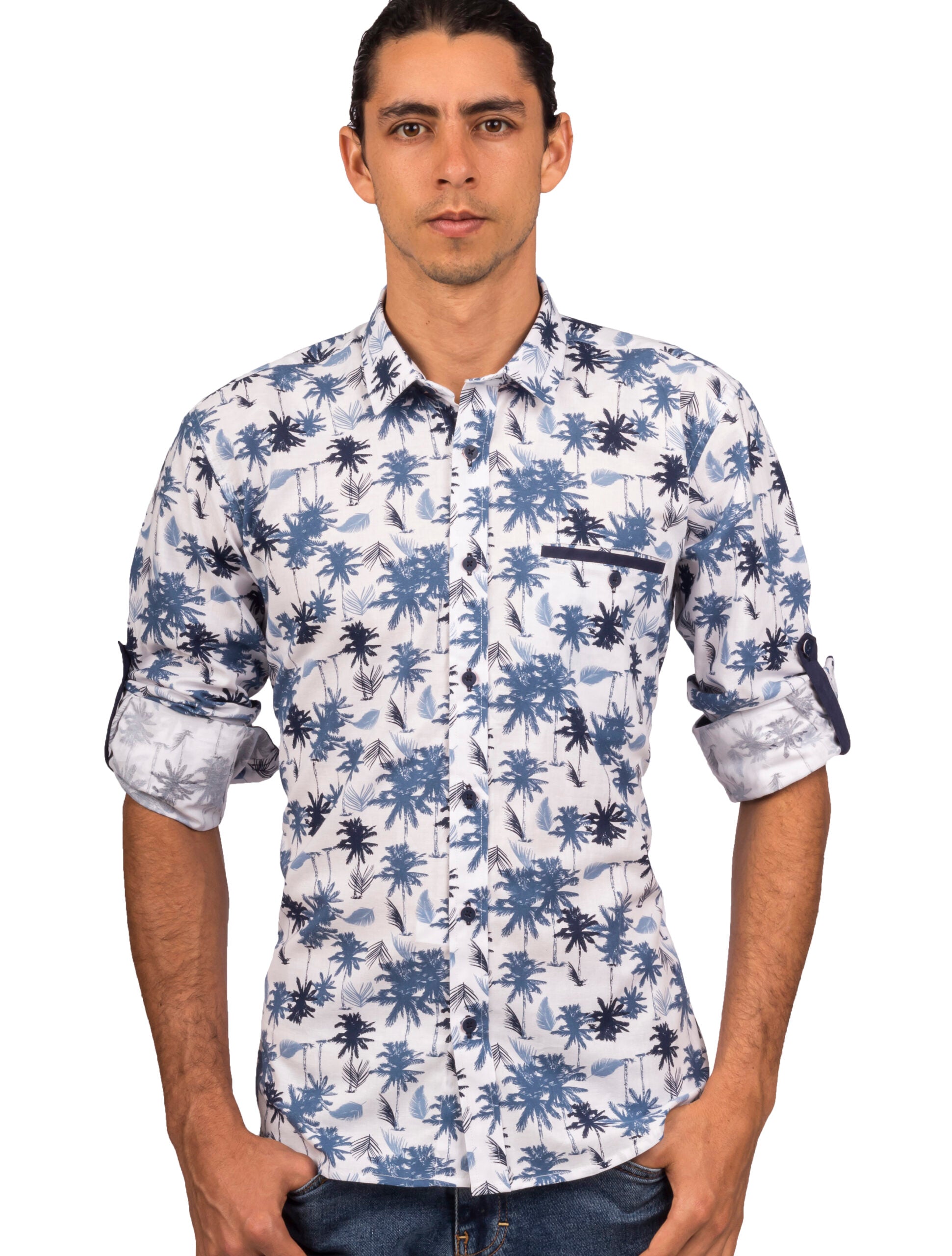 Camisa Manga Larga Print Palmas Tonos Azules