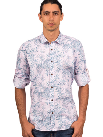 Camisa Manga Larga Rosa Estampado Hojas Tropicales Azul y Blanco - Moldería slim