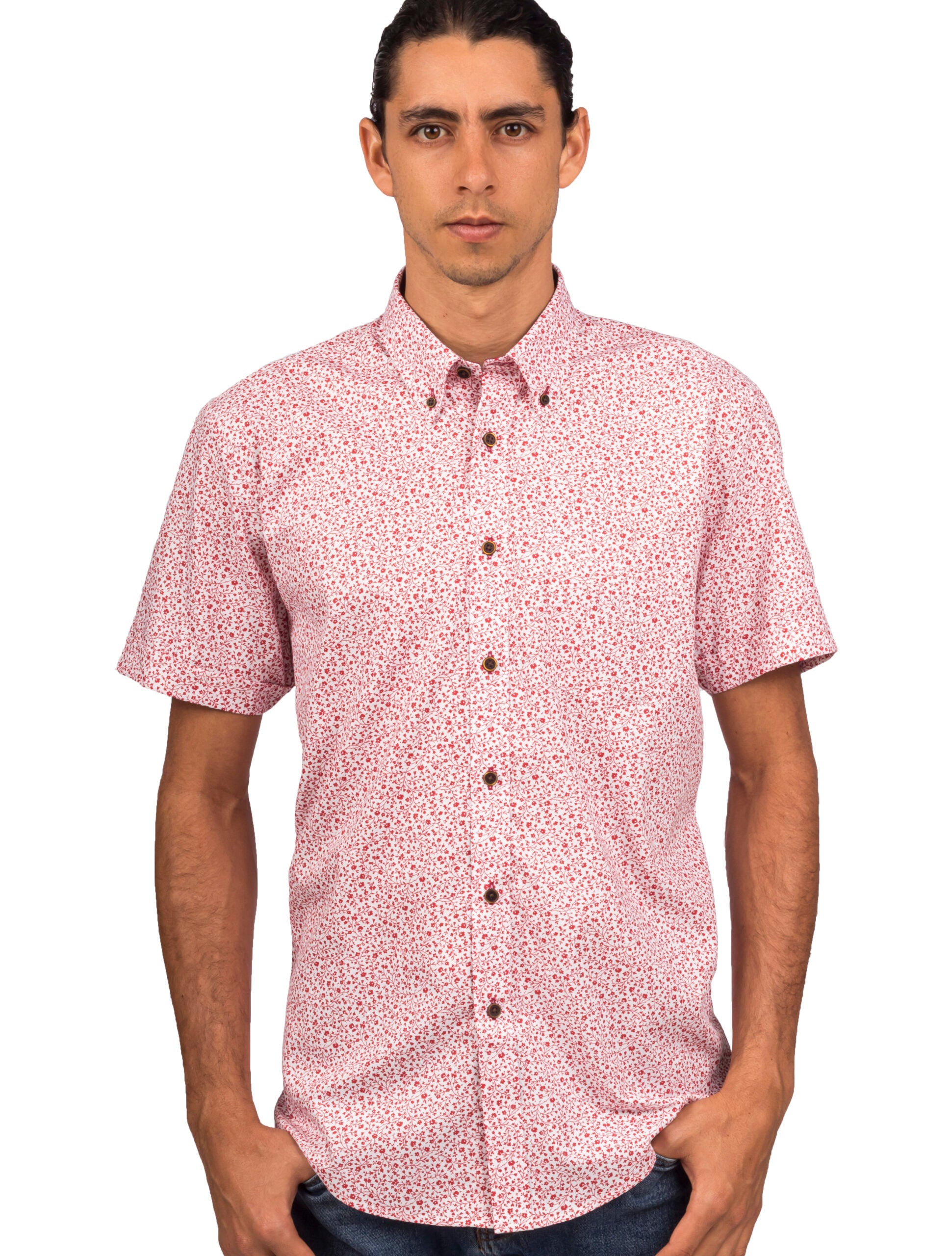 Camisa Manga Corta Blanca Print Flores Rojas - Moldería informal