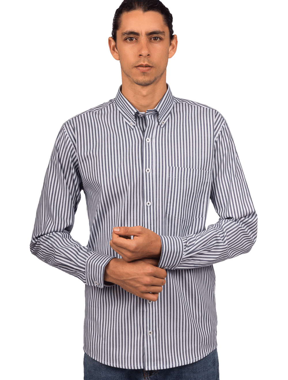 Camisa Oxford Manga Larga Regular Fit Azul Oscuro Rayas Gruesas Negras