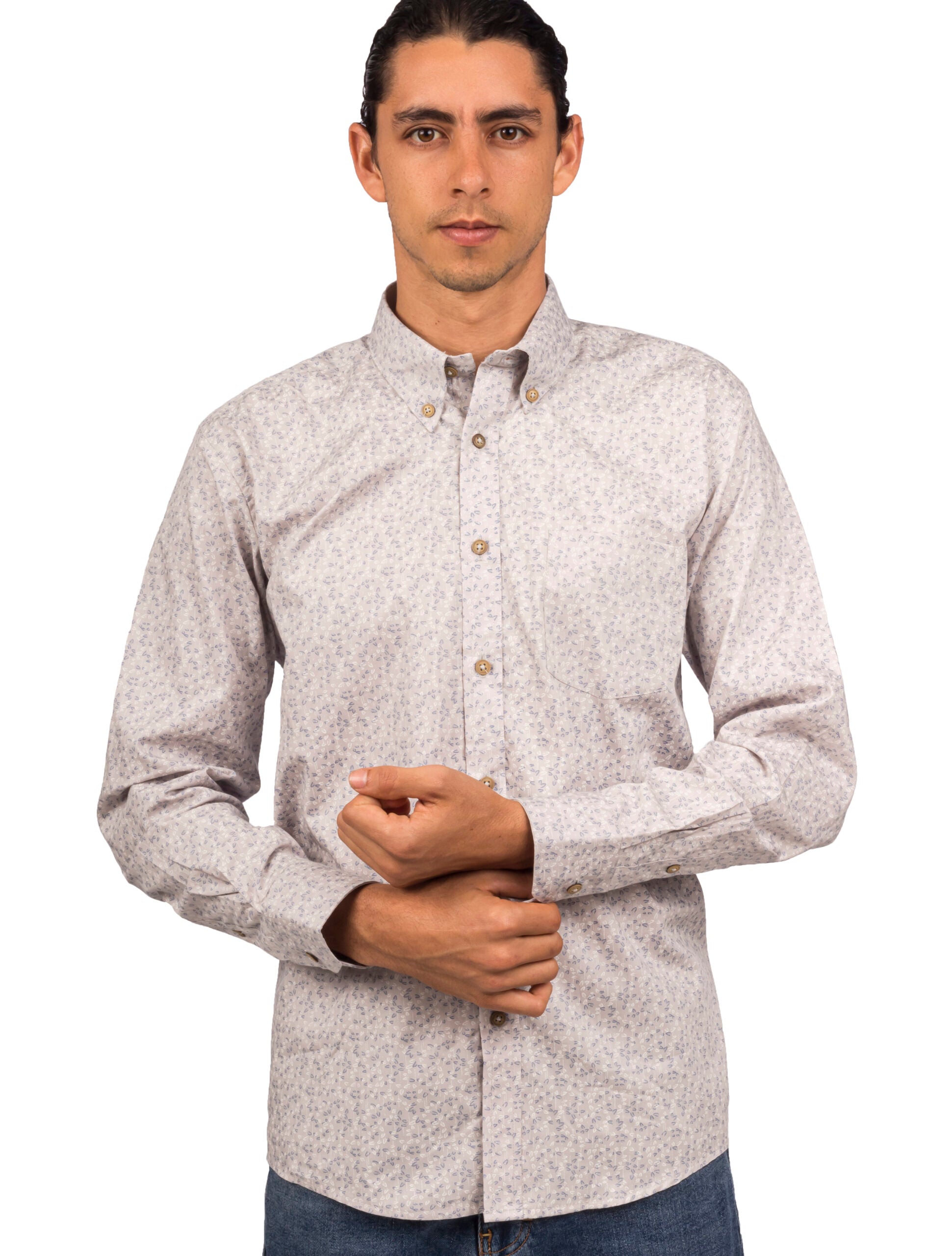 Camisa Manga Larga Gris Claro Miniprint Hojas - Moldería Informal