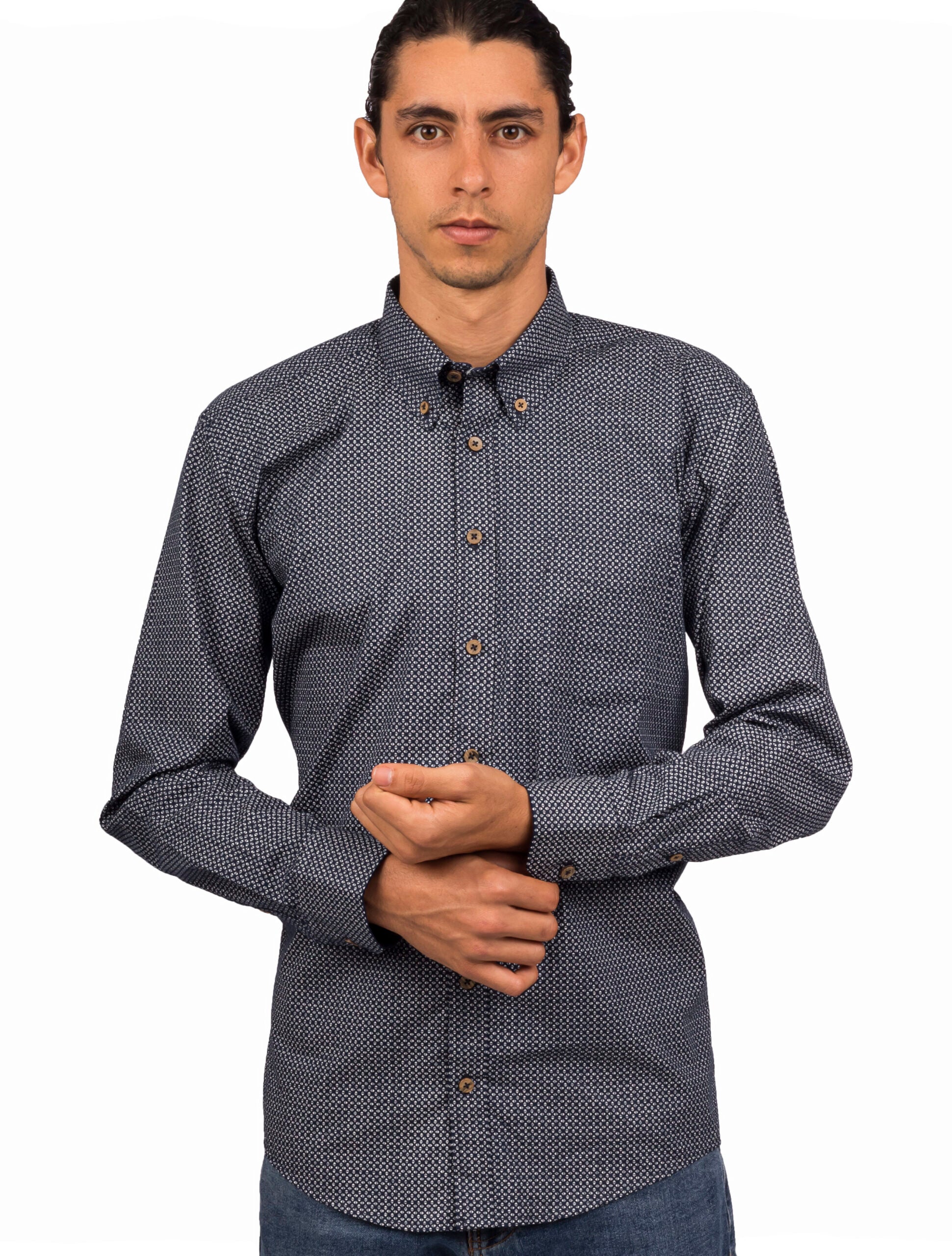 Camisa Manga Larga Azul Oscura Miniprint Triángulos - Moldería informal