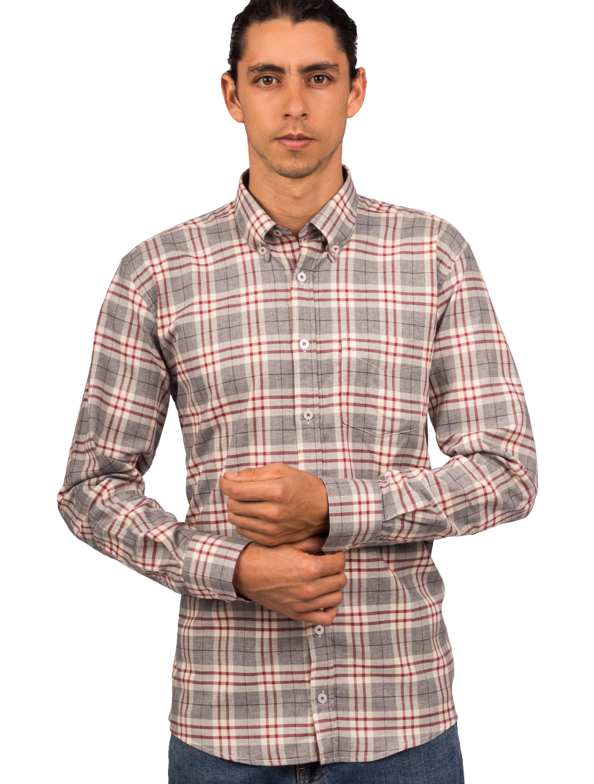 Camisa Manga Larga Gris, Beige y Rayas Vinotinto - Moldería informal