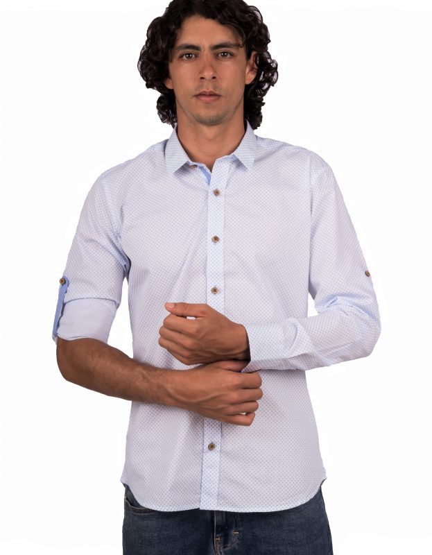 Camisa Manga Larga Estampado Azul Botón De Coco Y Charretera - Moldería slim