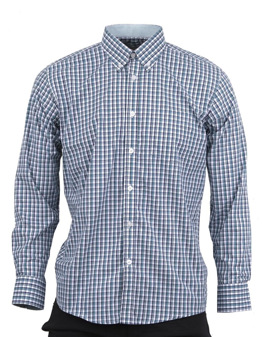 Camisa Manga Larga Cuadros Blancos Verdes y Azules - Moldería informal