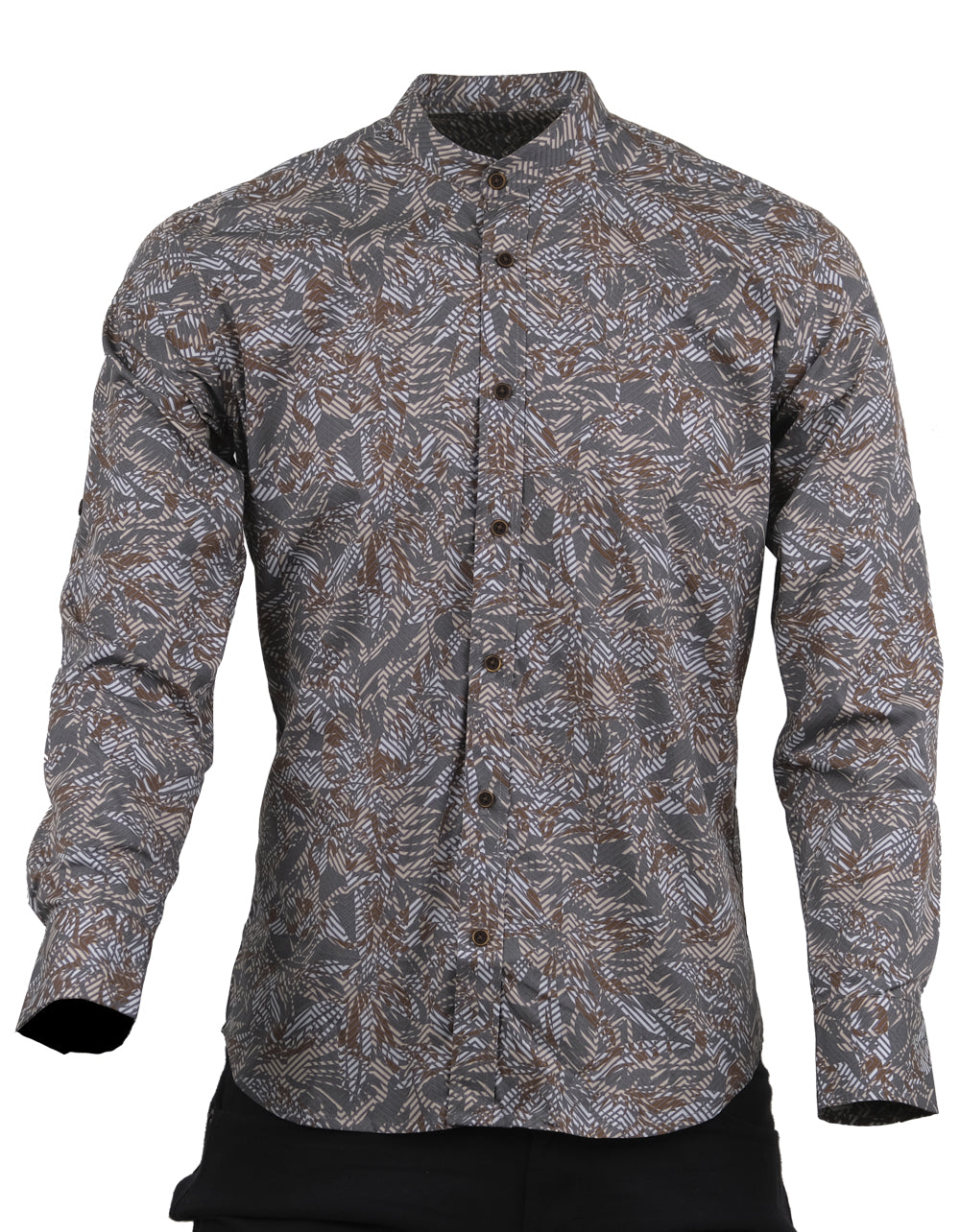 Camisa Manga Larga Cuello Neru Estampado Hojas Verdes - Moldería slim