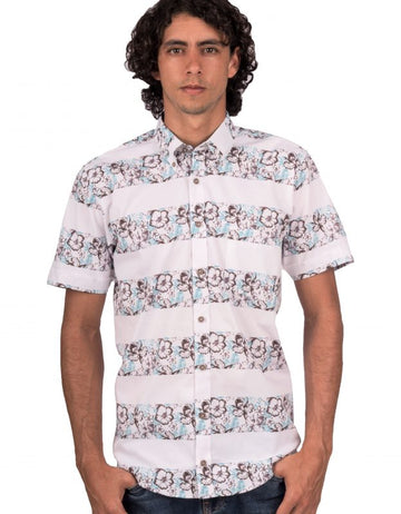 Camisa Manga Corta Rayas Gruesas Azules y Flores Tropicales - Moldería informal