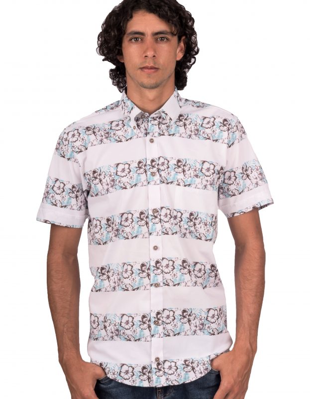 Camisa Manga Corta Rayas Gruesas Azules y Flores Tropicales - Moldería informal