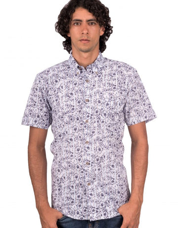 Camisa Manga Corta Rayas Delgadas Azul Claro y Flores - Moldería informal