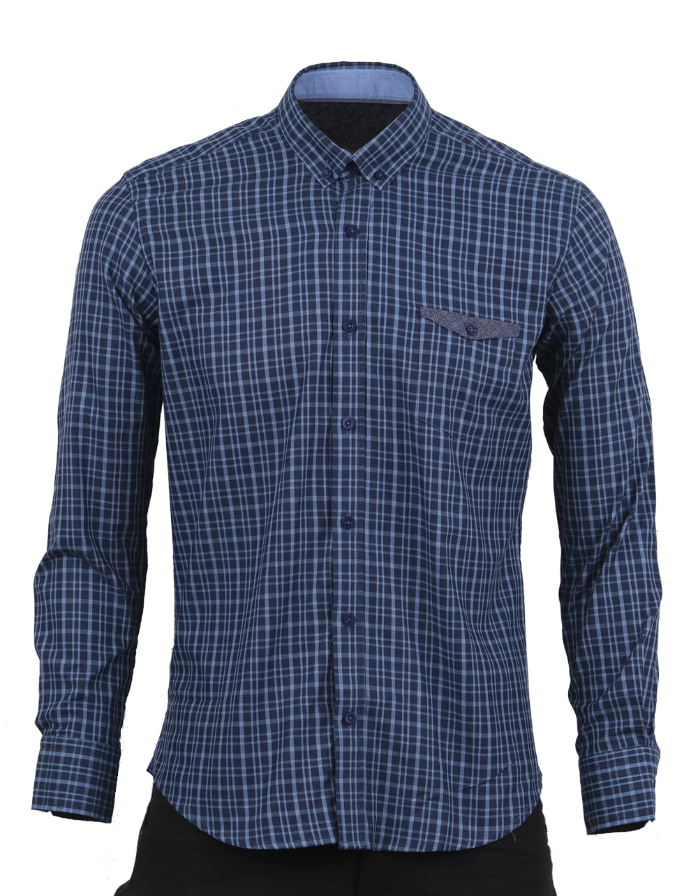 Camisa Manga Larga Cuadros Azul Oscuro y Claro - Moldería slim