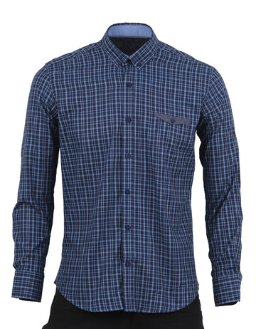 Camisa Manga Larga Cuadros Azul Oscuro y Claro - Moldería slim