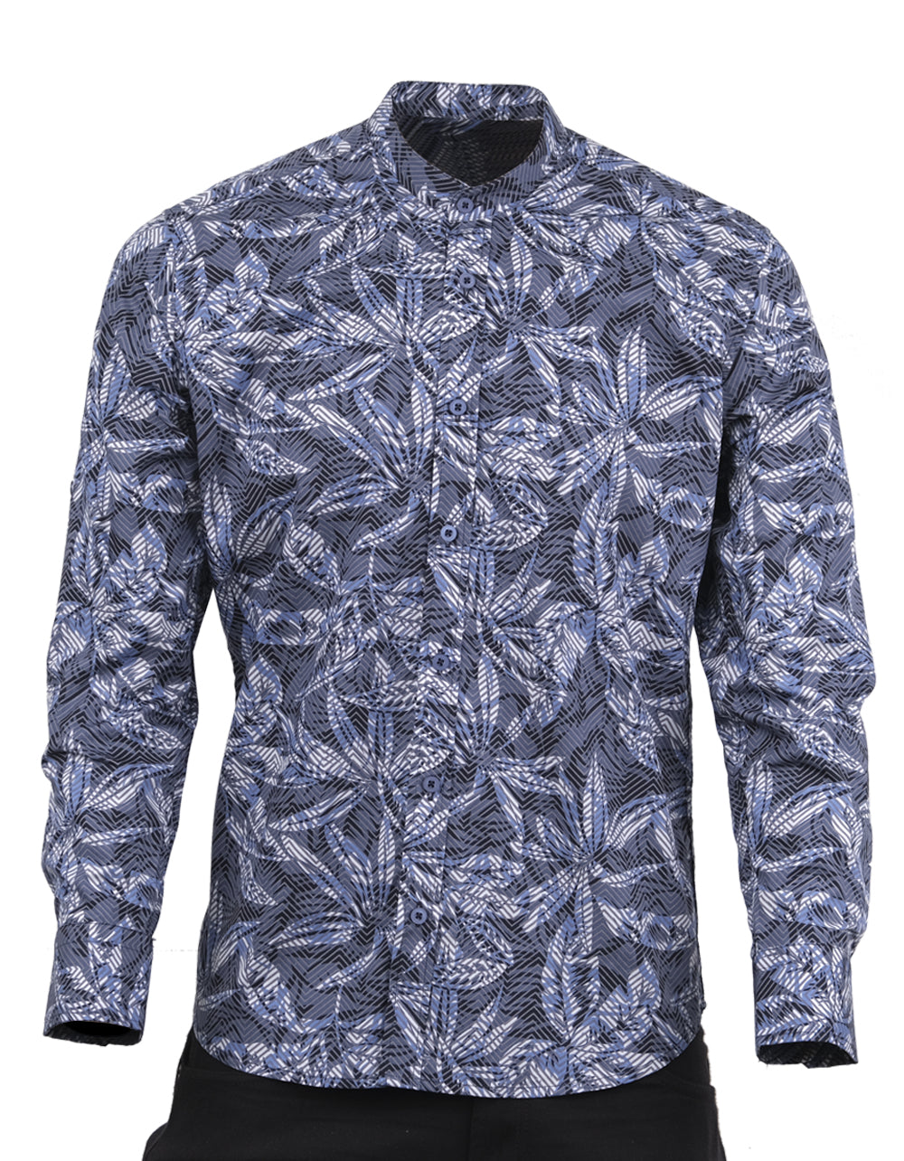 Camisa Manga Larga Cuello Neru Estampado Hojas Azules - Moldería slim