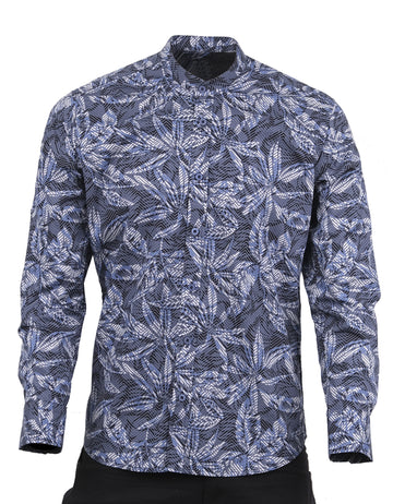 Camisa Manga Larga Cuello Neru Estampado Hojas Azules - Moldería slim