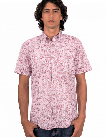 Camisa Manga Corta Rayas Delgadas Rosa y Flores Vino - Moldería informal