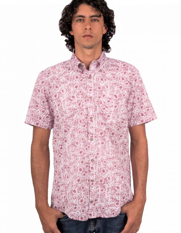 Camisa Manga Corta Rayas Delgadas Rosa y Flores Vino - Moldería informal