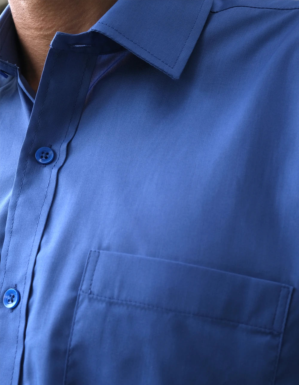 Camisa Manga Larga Sin Textura Color Azul Medio - Moldería slim